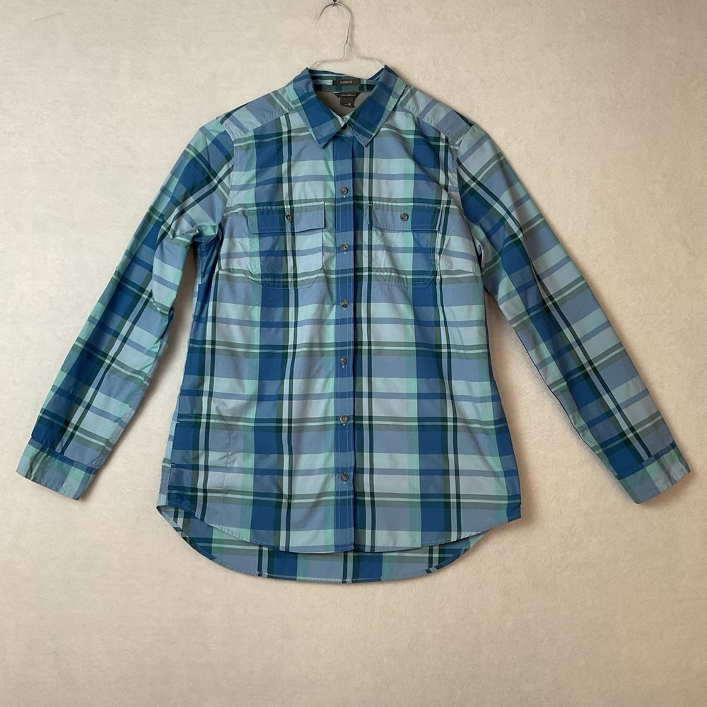 Eddie Bauer Shirt Womens M Blue Plaid Roll Tab Sleeves Classic Fit Nylon Blend